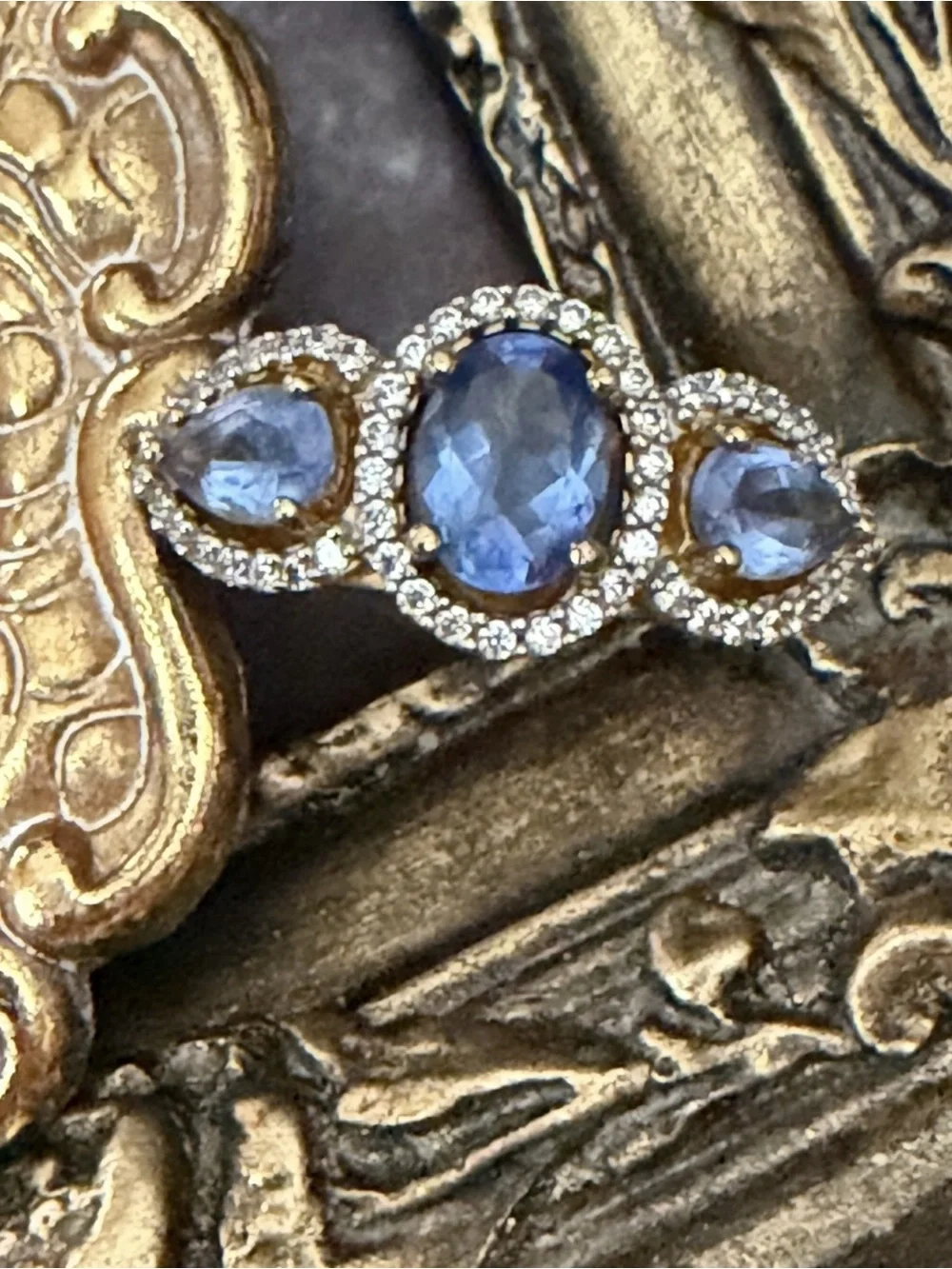 MACY’S • Vintage Style Blue Tanzanite Three-Stone Halo Crystal Ring September